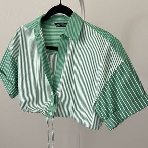 zara green & white striped cropped top